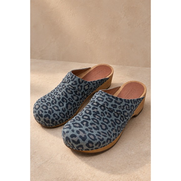 Sanita Shoes - Sanita Leopard Print Suede Wooden Clogs Grey Black Animal Mules 40/9-9.5